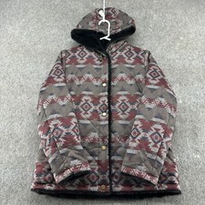 Pendleton Jacket Womens Small Red Grey Blue Coat Hooded Faux Fur Lined Aztec AOP