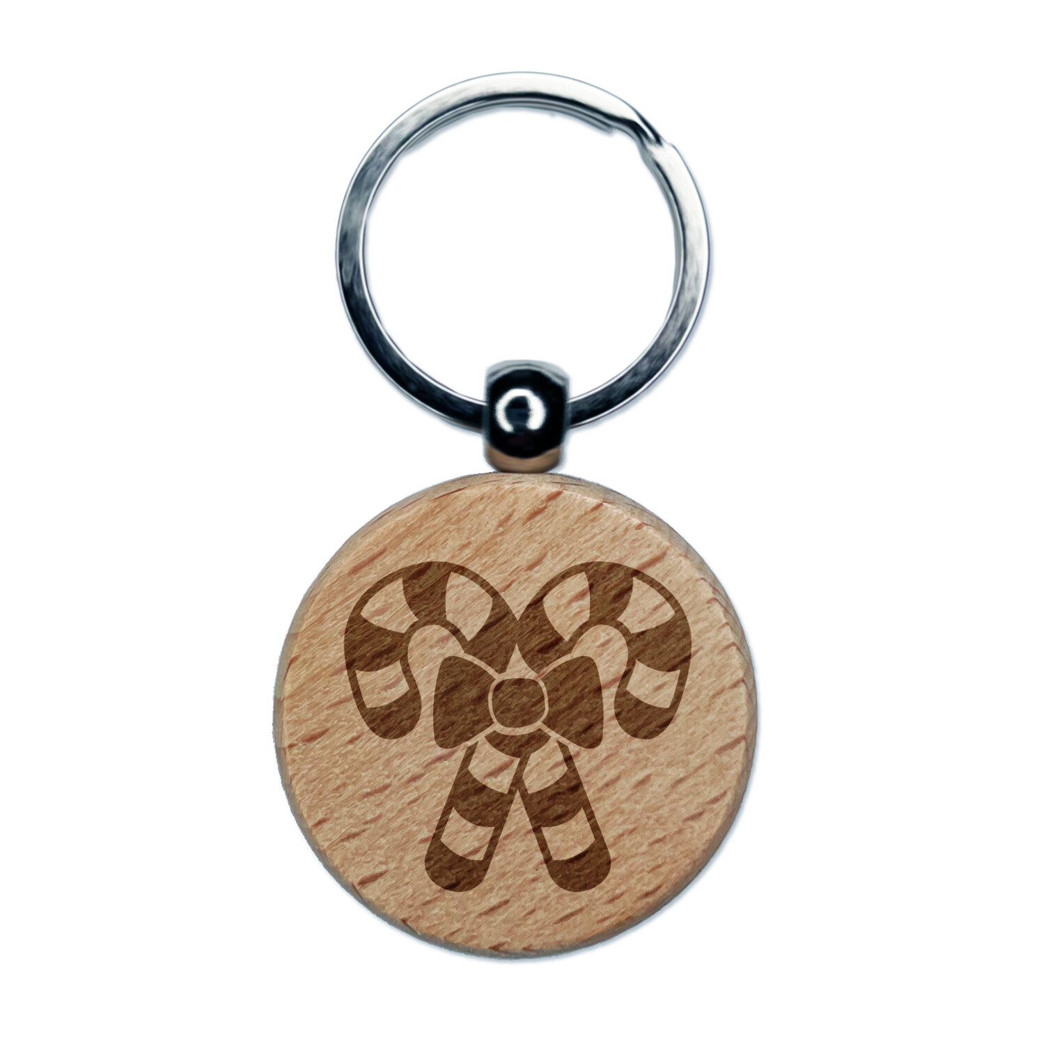 Candy Canes with Bow Christmas Engraved Wood Round Keychain Tag Charm