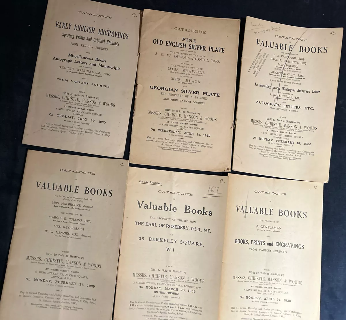 Antique Christie, Manson and Woods Auction Catalog- Lot of 6 from 1930-39