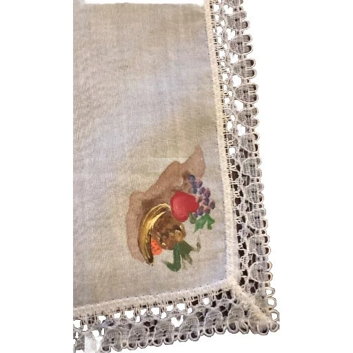 Vintage White with Hand Painted Fruits and lace Women Cotton Handkerchief —#1286 - Image 2 of 2