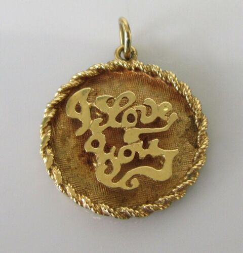 9ct Gold Pendant - Vintage 9ct Yellow Gold "I Love You" Embossed Round Pendant - Picture 1 of 11