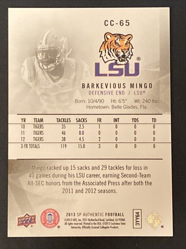 2013 SP Authentic Football Canvas #CC-65 Barkevious Mingo LSU Tigers Card - Picture 2 of 2