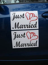 (2) JUST MARRIED CAR MAGNETIC SIGNS 8"X12" (2 Color) w/ Hearts FREE SHIP Wedding