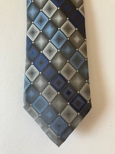 George Men's Necktie Tie Silk Blue Gray Silver Geometric Checkered 58"