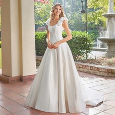 Simple Elegant Satin A-Line Wedding Dresses Square Neck 3D Flower Strap Bridal