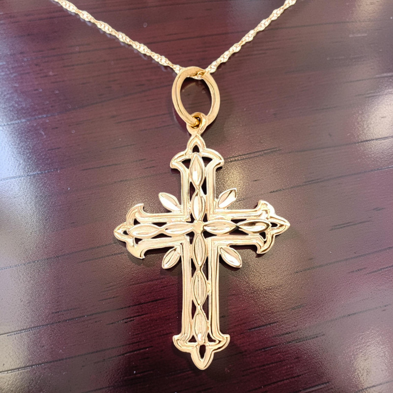 ESTATE VINTAGE SOLID 14K YELLOW GOLD DETAILED CROSS PENDANT 18" NECKLACE #8128