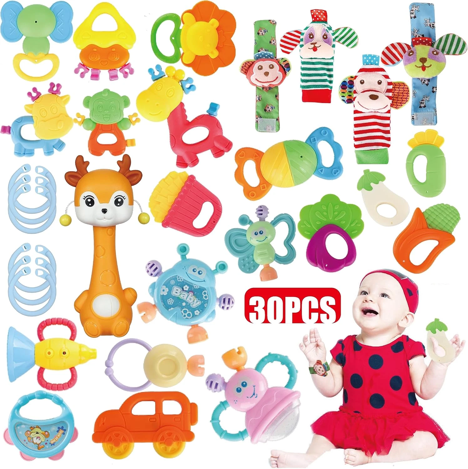 30 Pcs High Contrast Baby Toy Gift Set for Infants Rattles Teething Toys and Wri