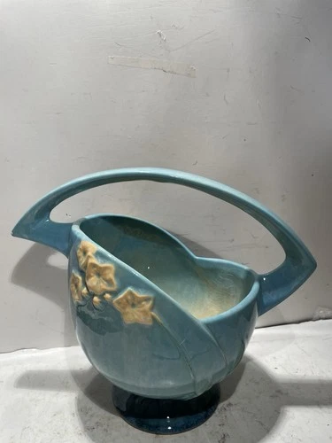 Vtg Roseville Pottery Wincraft Basket 1940s 208-8 Art Nouveau USA Turquoise S