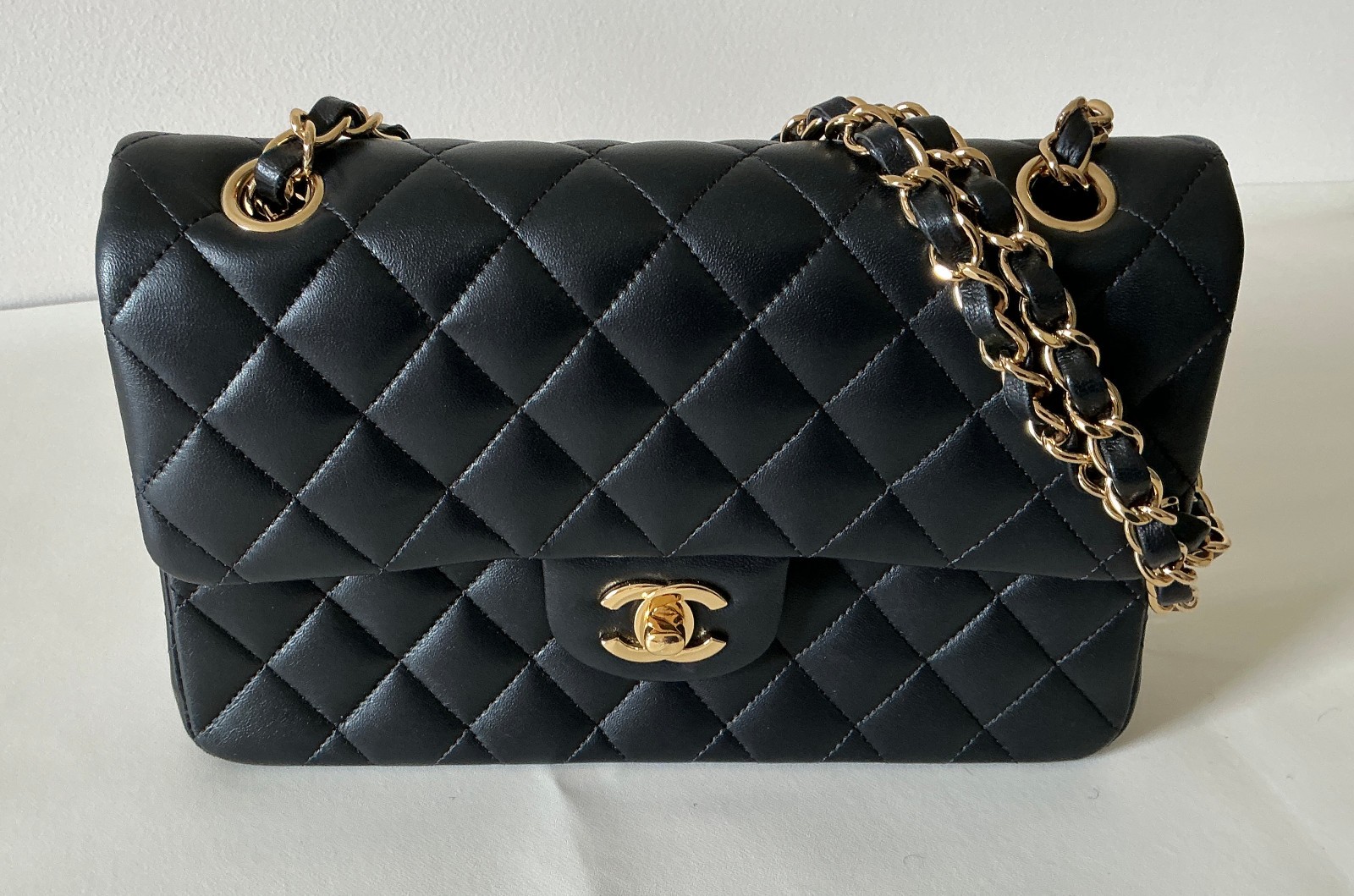 Chanel Classic Small Double Flap Black Lambskin Leather Bag Pristine Condition