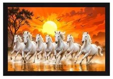 7 Running Horses on Water Rising Sun Vastu Frame Wall Art Painting