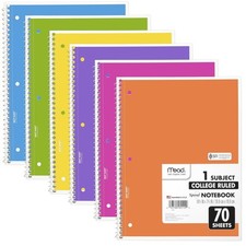 Spiral Notebooks, 6 Pack, 1-Subject, College Ruled Paper, 8" x 10-1/2", 70 Sh...