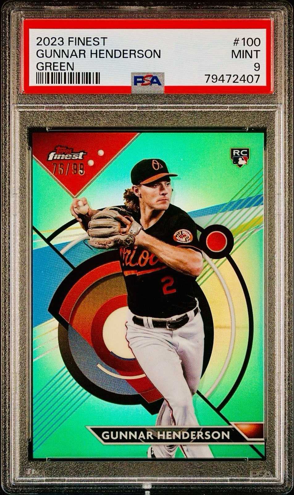 2023 Topps Finest Gunnar Henderson /99 GREEN Refractor #100 Orioles RC PSA 9