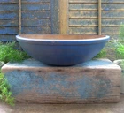 Large Antique Wood Dough Bowl w Narrow Rim Cobalt Blue Milk Paint 14-3/4"
