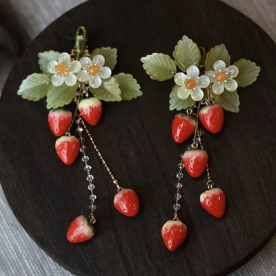 Red Liuli Strawberry Tassel Hair Clip Pair Chinese Style Hanfu Cheongsam - Image 1 of 4