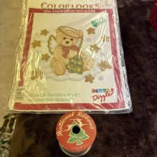 1993 Dizzle Iron-On Transfer 56090 Angel Bear 9”x12” & Tinsel Ribbon 15Ft