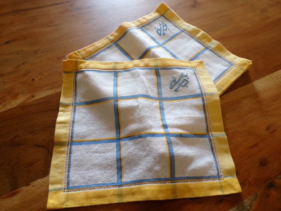 Vintage Lot de 8 serviettes de table coton bleu et jaune monogramme JP ( ref 18 - Photo 2/3