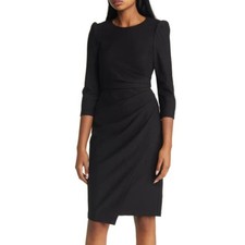 ELIZA J Pleated Faux Wrap Dress Size 14 Black Long Sleeve Knee Length NWT