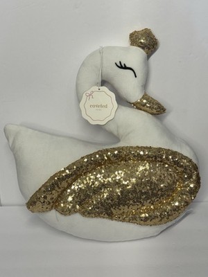 White Plush Swan Shaped Accent Pillow Gold Sequins NWT Coveted Home Decor