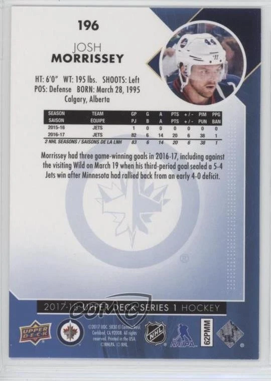 2017-18 Upper Deck Gold Rainbow Foil Josh Morrissey #196 - Image 2 of 2