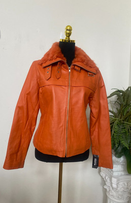 NWT Wilsons Leather Women s Orange Genuine Leather & Fur Jacket Size L, $250