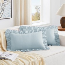 Dusty Blue Lumbar Pillow Covers 12x20 Inch Set of 2, Microfiber Ruffled Pillo...