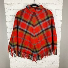 Vintage Plaid Cozy Felted Wool Red Tassel Fringe Poncho Cape Tartan Blanket