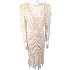 Vintage 80s Lace Formal Dress Bridal Wedding Womens M Midi Long Sleeve Ivory
