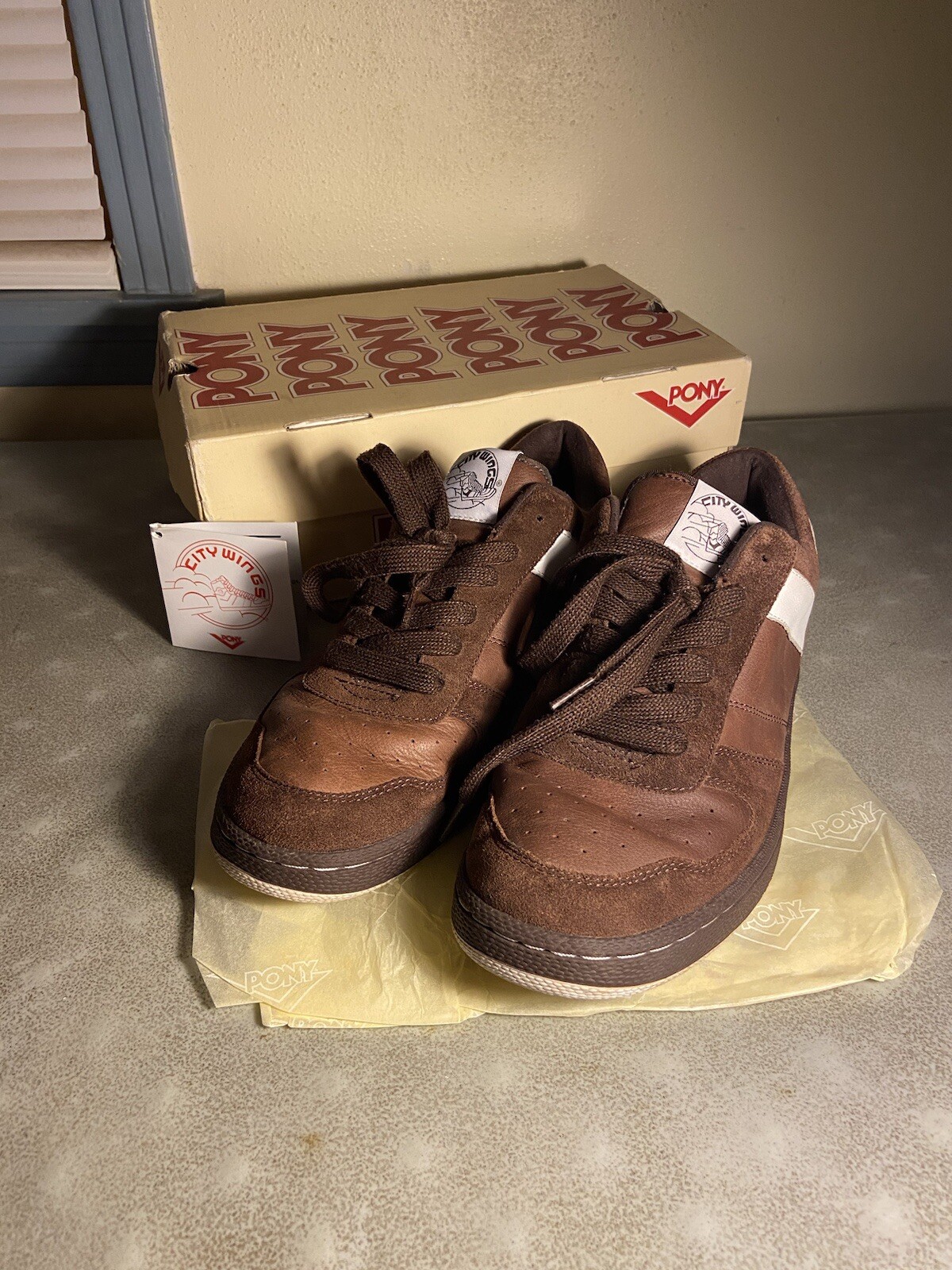 RARA VINTAGE PONY City Wings Chevron sneakers basse uomo taglia 12 marrone scamosciato B Boy