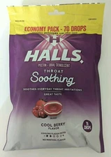 HALLS Cool Berry Throat Soothing Economy Pack 70 Drops in Resealable Bag 12/2025