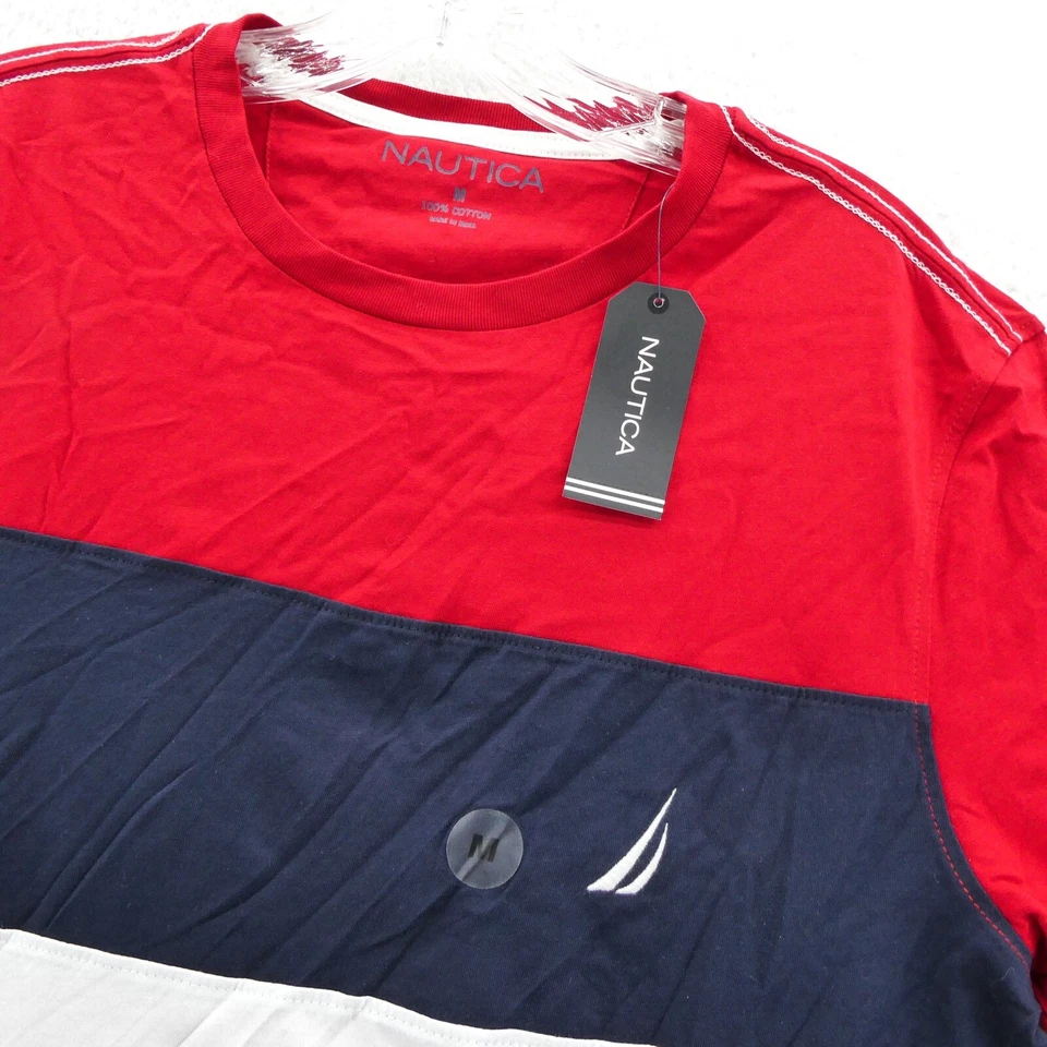 Camisa Nautica Para Hombres Mediana Roja Bloques de Color Manga Corta Algodón Camiseta Nueva Prenda para el torso Preppy Foto 4 de 4