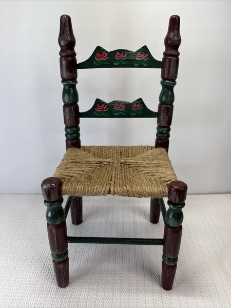 Folk Art Wood Ladderback Painted Doll Chair With Jute Seat