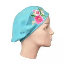 100 Cotton Beret French Ladies Hat with Pink Flower Bouquet