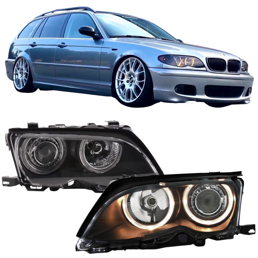 Phares Angel Eyes noirs pour BMW Série 3 E46 Berline et Touring 2001-2005