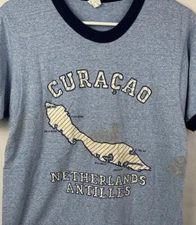 Vintage Curacao T Shirt Single Stitch Ringer Tee Heather Blue Large USA 70s 80s
