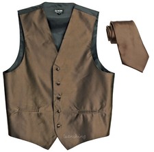 New Men's Formal Vest Tuxedo Waistcoat necktie Solid wedding brown