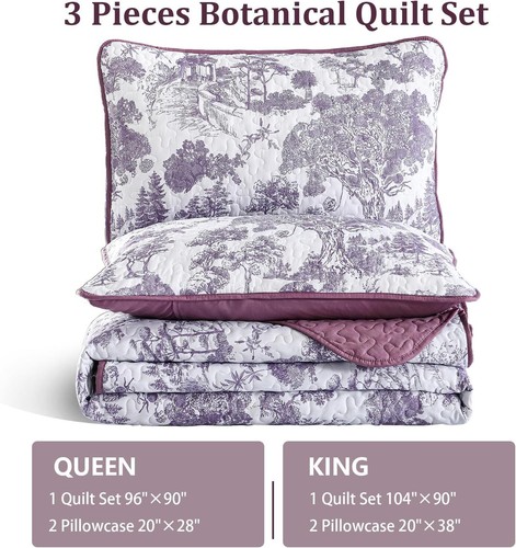 WONGS Queen 3-Pc Botanical Quilt Set-Toile Floral Microfiber Coverlet All Season - Picture 77 of 103