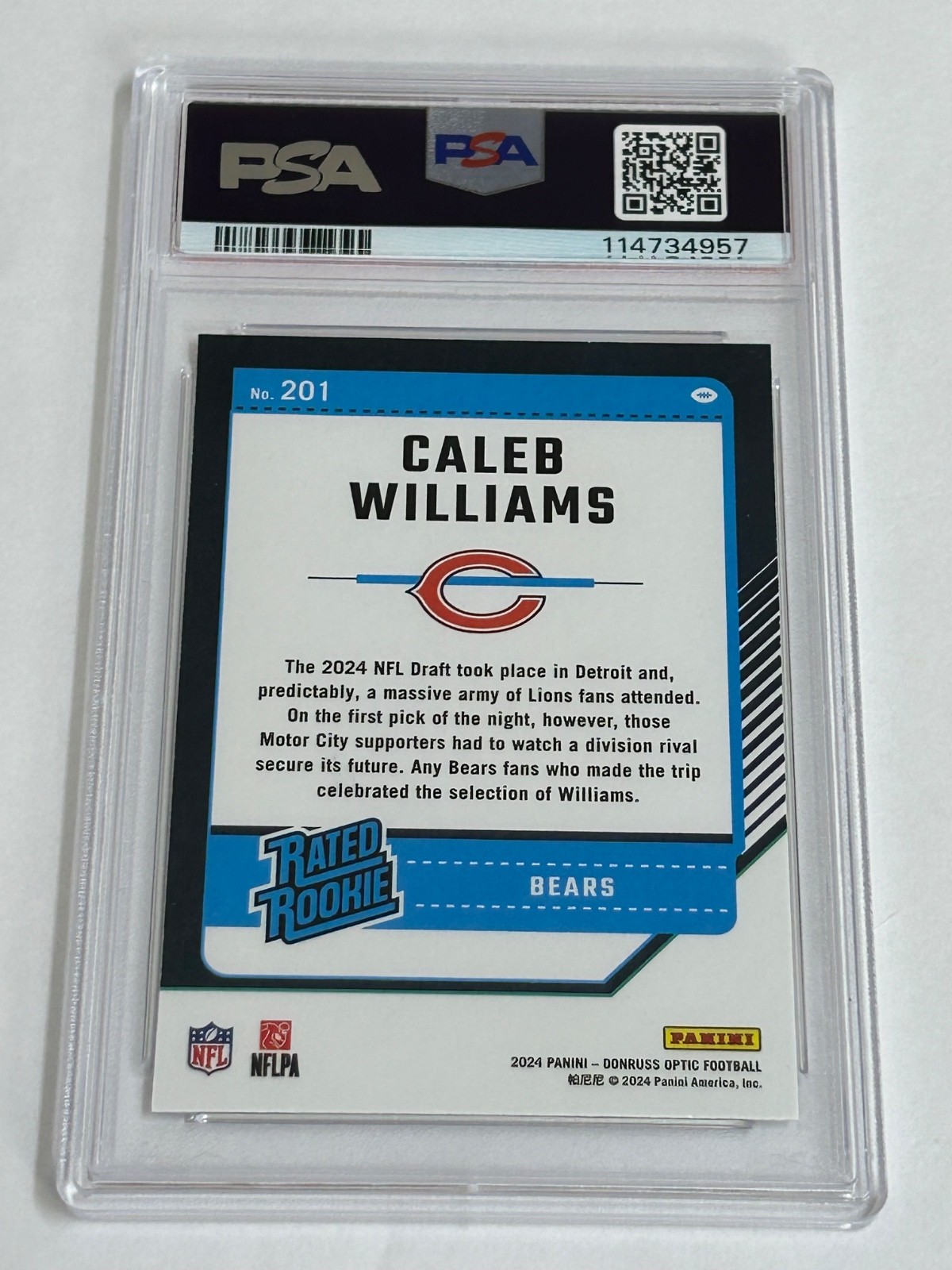2024 Optic Caleb Williams RATED ROOKIE (RC) PSA 10 GEM MINT Chicago Bears #201 view 2