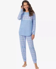 Cuddl Duds Womens Long Sleeve Crew Neck Top and Jogger Pj Set Blue Fairisle XL