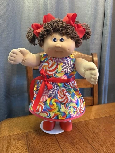New Listing1980s Cabbage Patch Kid Brown Poodle Pigtails Blue Eyes Candy Swirl Dress