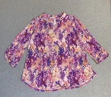 Dear Scarlett Lizzy Top Blouse Women's L Purple Orange Allover Print