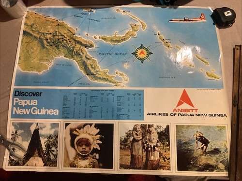 Original 1960’s Papua New Guinea Travel Poster Anset Airlines 29”x 35”in