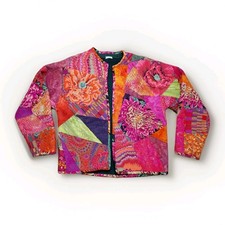 VTG S Womens Hand Made Patchwork Quilt Coat Quilted Jacket Embroidered Animal