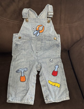 Vintage Blue Striped Denim Overall One-Piece Tools Embroidered Snap Pockets 24M