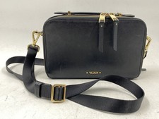 Tumi Black Leather Voyageur Luanda Crossbody Flight Bag Gold Hardware
