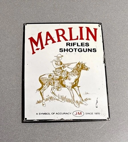 VINTAGE 15” MARLIN  RIFFLE COWBOY PORCELAIN SIGN CAR GAS OIL TRUCK MOTORCYCLE