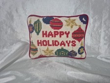 Needlepoint Petite Point Christmas HAPPY HOLIDAYS Pillow Red Velvet Back