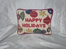 Needlepoint Petite Point Christmas HAPPY HOLIDAYS Pillow Red Velvet Back