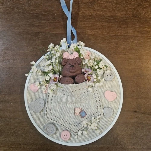 Baby Bear In Pocket Wall Hanging Decor - Nursery Decor Embroidery