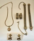 Vintage Gold Tone Blue Jewelry Set Necklace Bracelets Earrings-lot costume