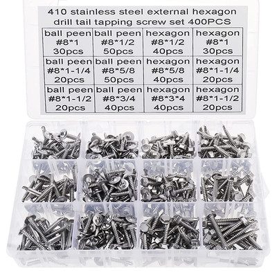 400PCS #8 X 1/2'' to 1-1/2'' Self Drilling TEK Screws Assortment Kit, Hex Washer H